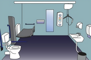 Drawing of a fully accessible large toilet space with changing table, toilet, sink and hoist