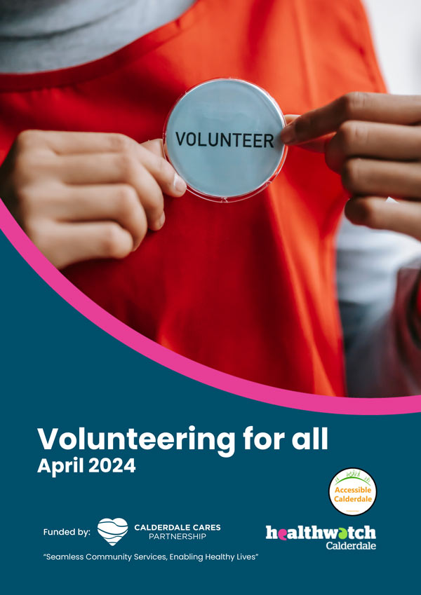 Image of the cover of the Volunteering for all showing a person holding a volunteering badge.