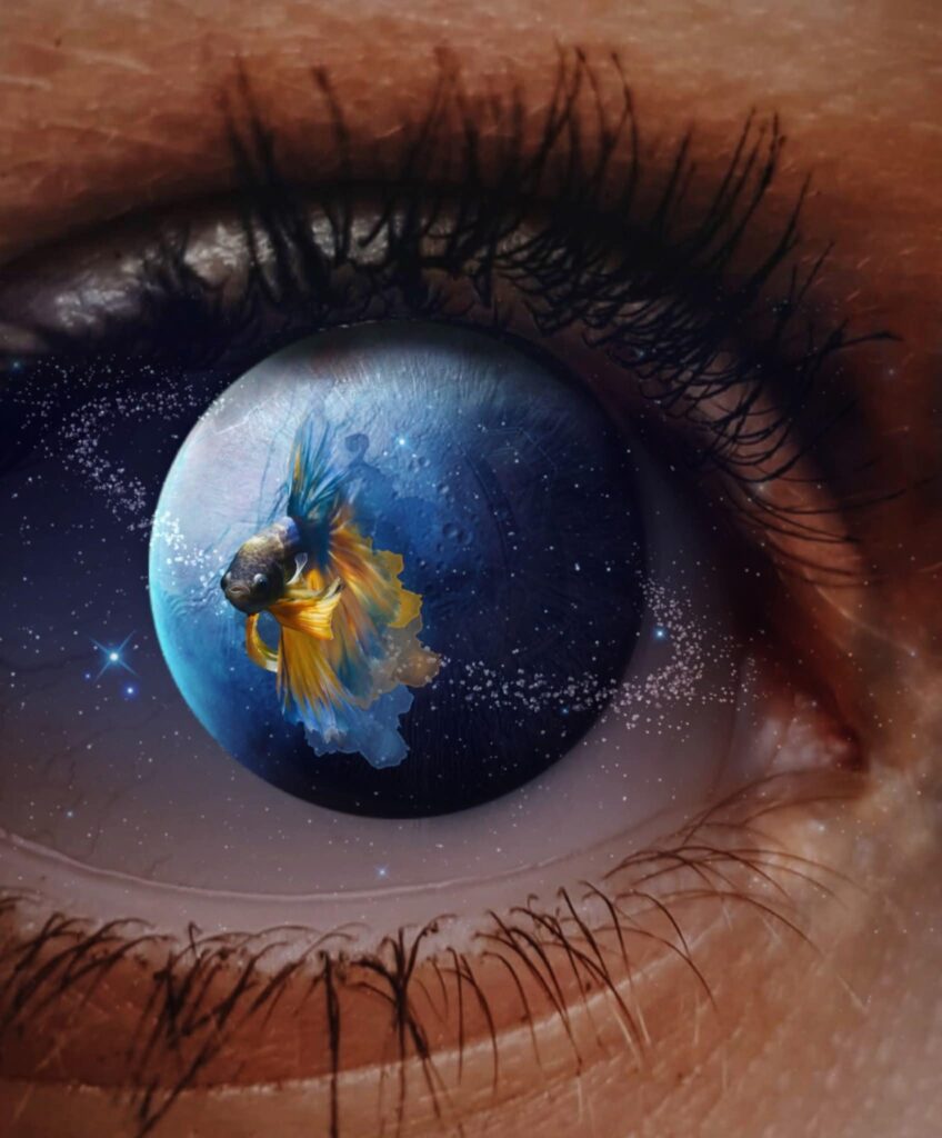 Close-up of a human eye reflecting a surreal image of a planet with a colourful fish swimming across it.