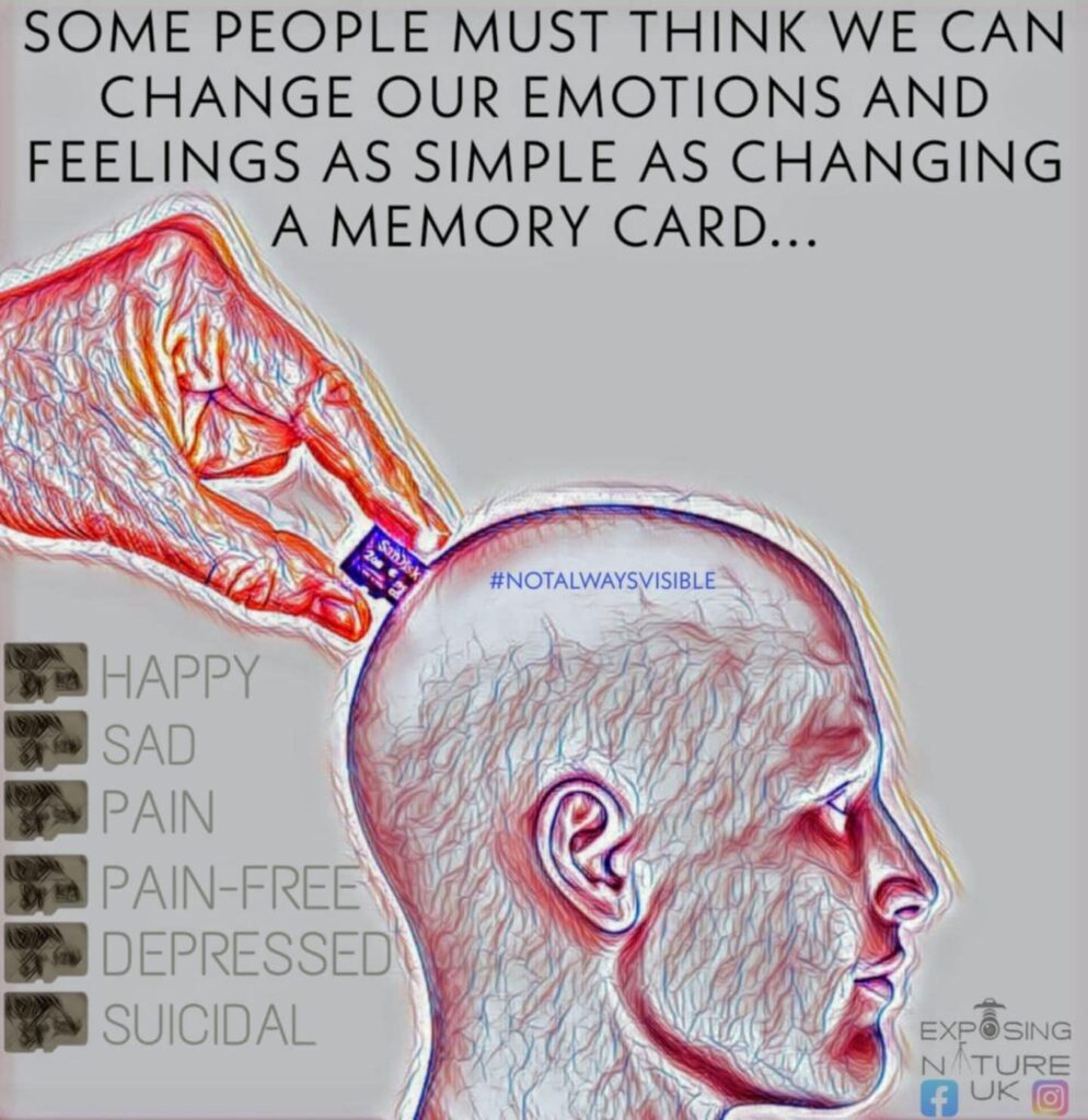 Digital artwork of a hand inserting a memory card into a person’s head with emotion labels beside it.