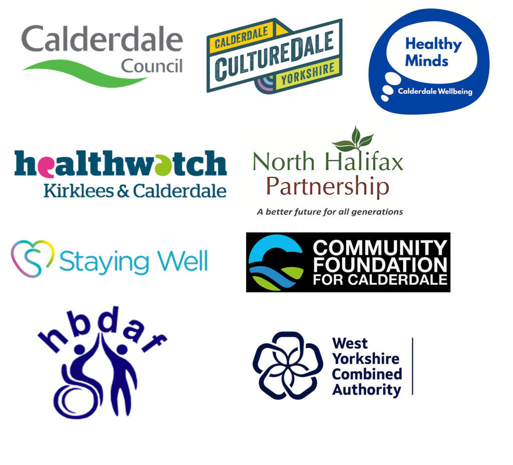 Nine logos of organisations in Calderdale and West Yorkshire that work with Accessible Calderdale, including Calderdale Council, CultureDale, Healthy Minds, Healthwatch, North Halifax Partnership, Staying Well, Community Foundation for Calderdale, Hebden Bridge Disability Access Forum, and West Yorkshire Combined Authority.